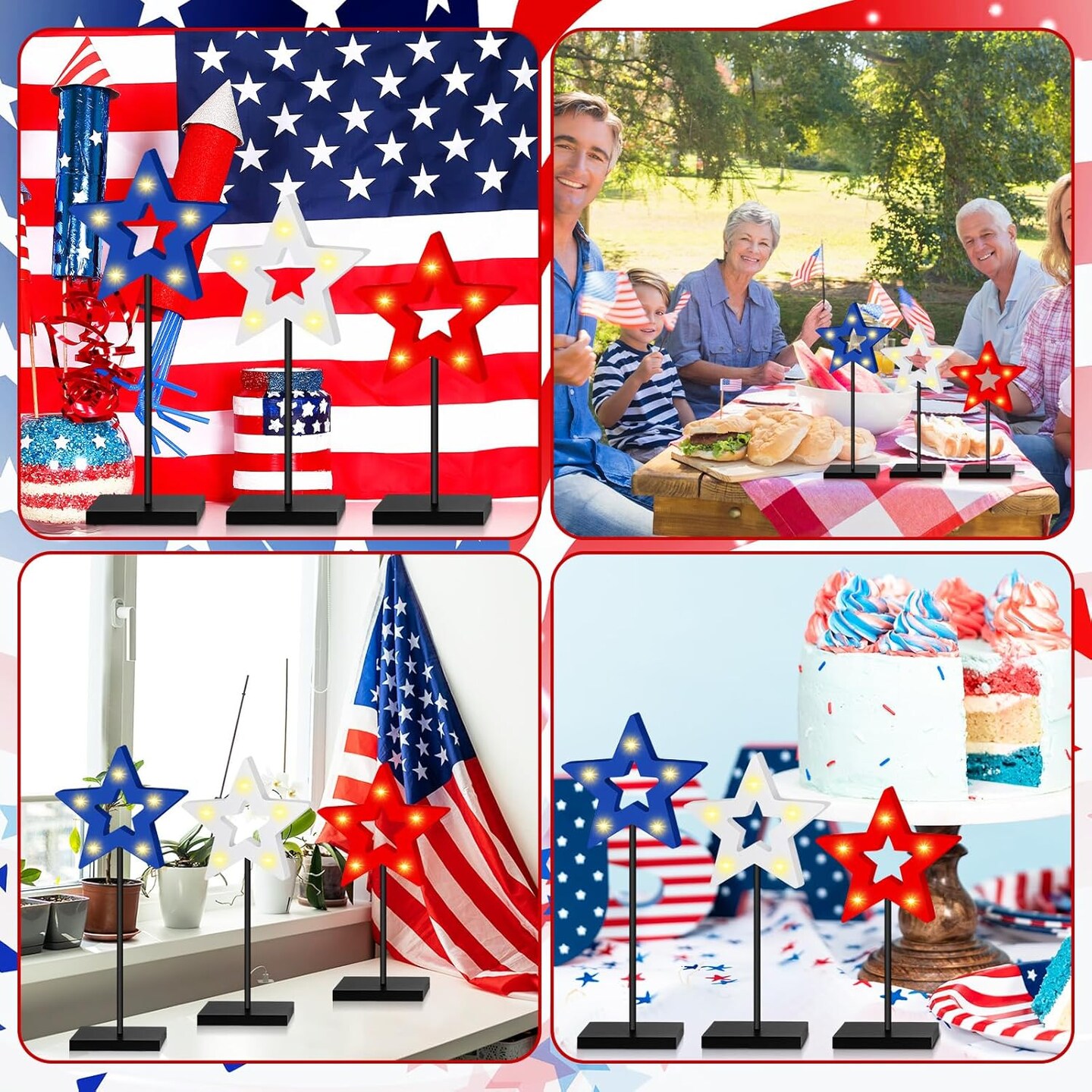 3pc Light-Up Patriotic Wooden Stars - Hollow LED Star Centerpieces for 4th of July