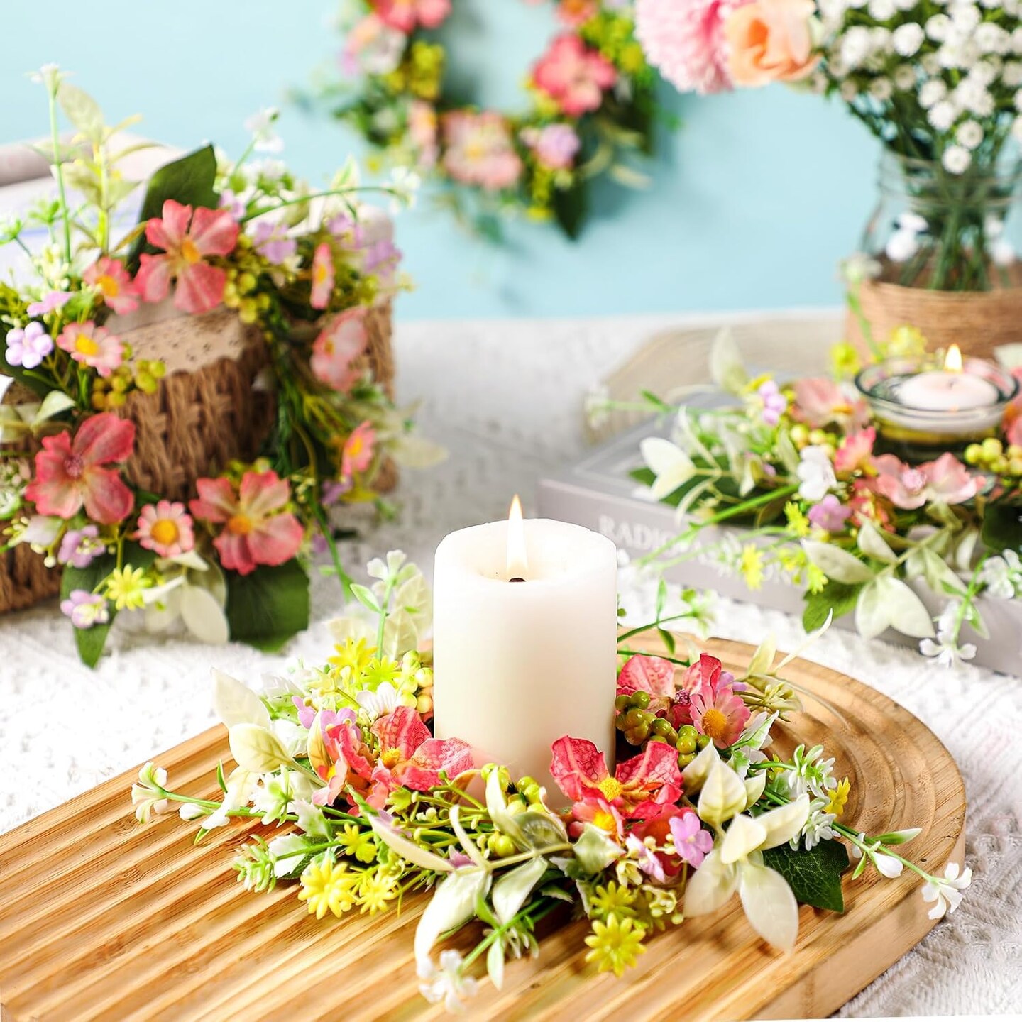 8 Pieces Mini Candle Wreaths Lavender Rose Hydrangea Spring Artificial Candle Rings Wedding Centerpieces for Tables Pillars Spring Summer Wreath
