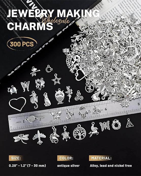 300 PCS Wholesale Bulk Lots Jewelry Making Charms Mixed Smooth Tibetan Silver Alloy Charms Pendants DIY for Bracelet Necklace Jewelry Making