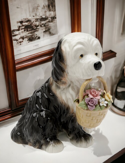 Ceramic St. Bernard Dog with Flower Basket Music Box, Home Décor, Gift for Her, Gift for Mom, Kitchen Décor, Dog Lover Gift, Pet Loss Gift