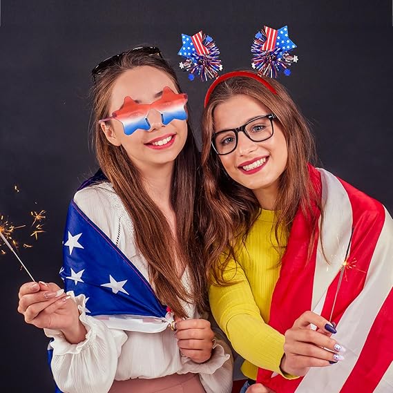 Patriotic Star Headband & Star-Shaped Glasses Set – Red, White & Blue Head Bopper Costume Accessories for 4th of July, Independence Day, Memorial Day, Veterans Day, Parades & Parties