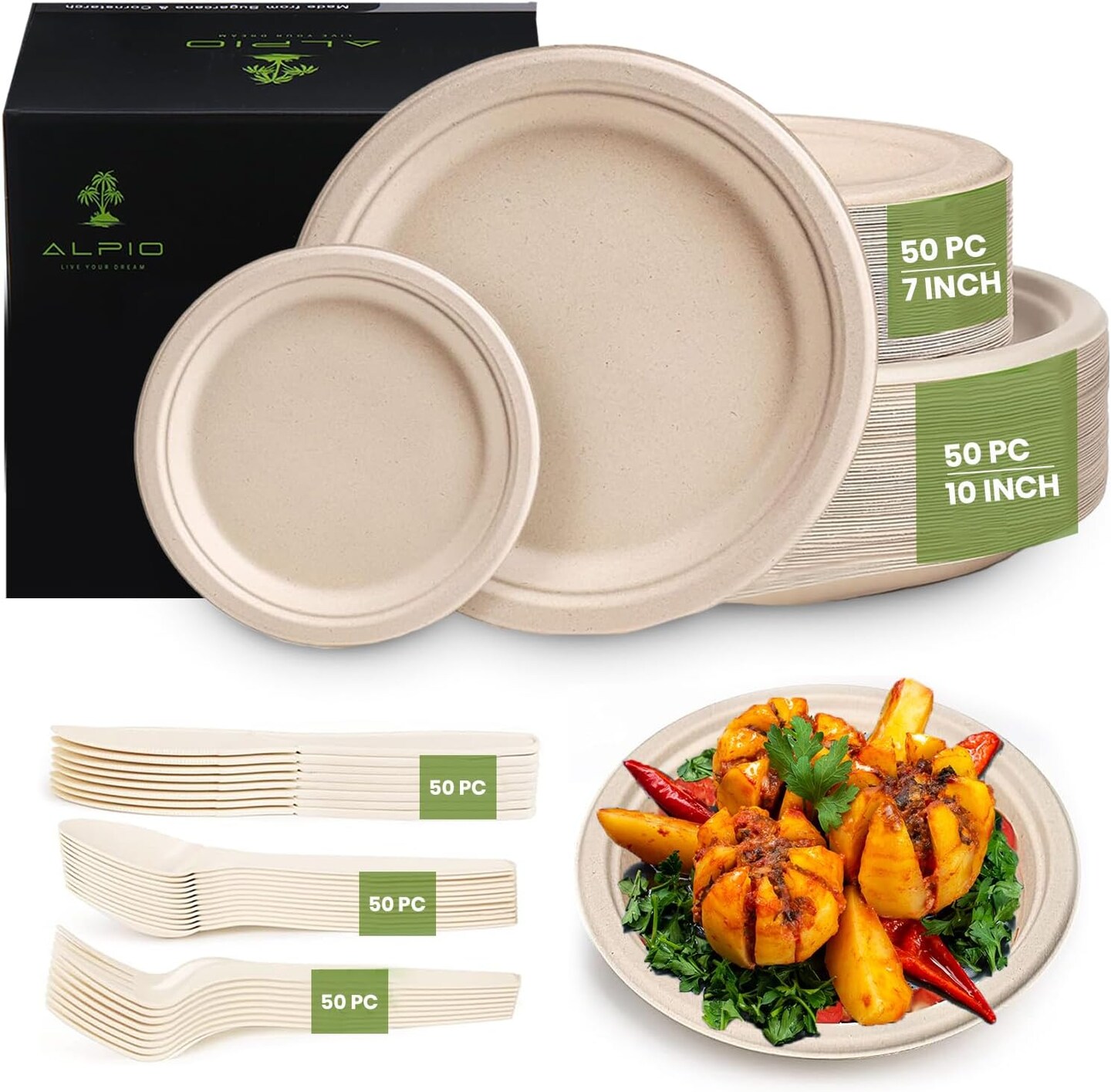250 Piece Compostable Dinnerware Set for 50 Guests – Biodegradable Paper Plates, Eco-Friendly Disposable Utensils, Includes Paper Plates, Forks, Knives, Spoons, Brown