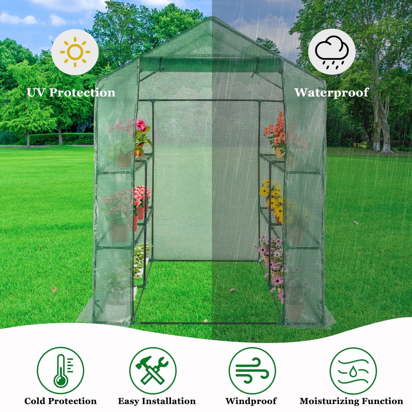 Black Iron Pipe Steeple Greenhouse with 8-Piece Grid Flower Stand