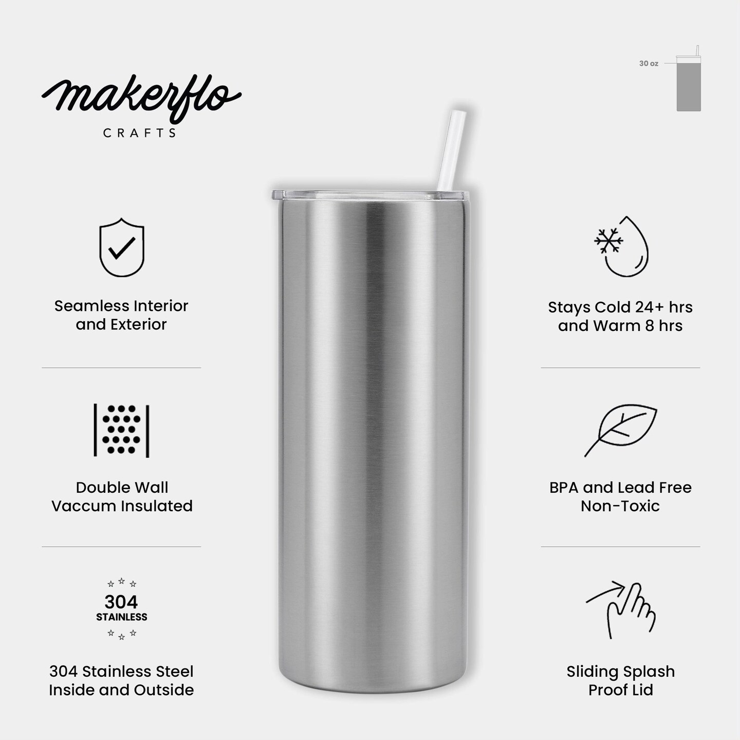 Stainless Steel 30 oz Thick Tumbler with Lid &#x26; Straw, Craft-Ready for DIY Personalization - Epoxy, UV DTF, Vinyl, and Laser Engraving