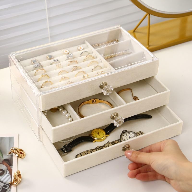 Earring Holder Organizer, Acrylic Jewelry Box with 3 Drawers, Earring Storage Box for Earrings, Rings, Necklaces, Bracelets, Jewelry Organizer and Storage for Women, Velvet Trays, Christmas Gift