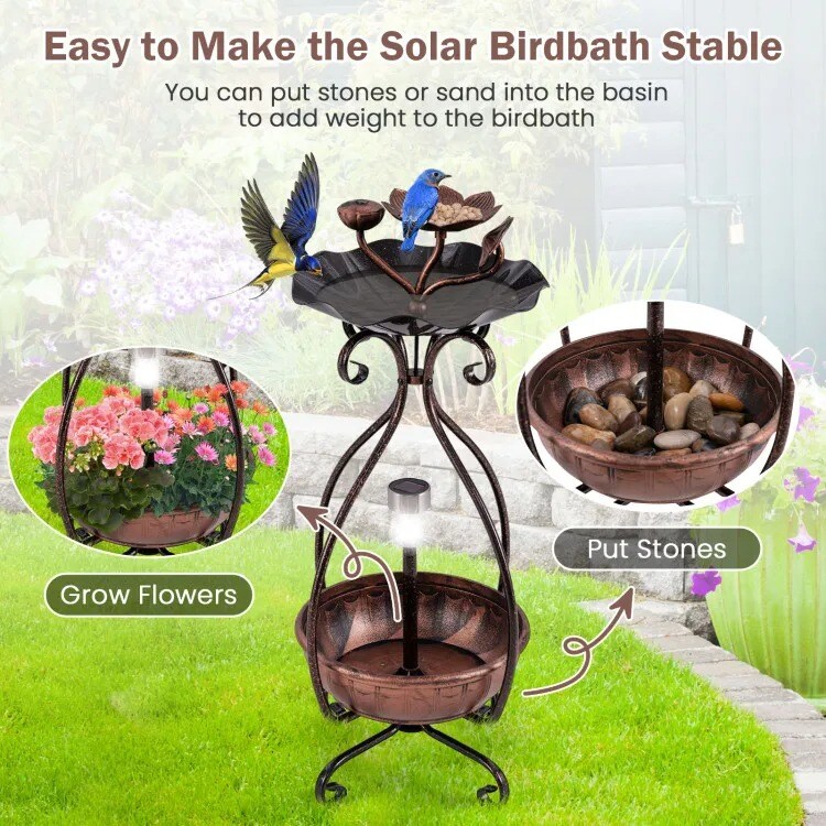 Solar Outdoor Bird Bath &#x26; Feeder Combo with Flower Planter