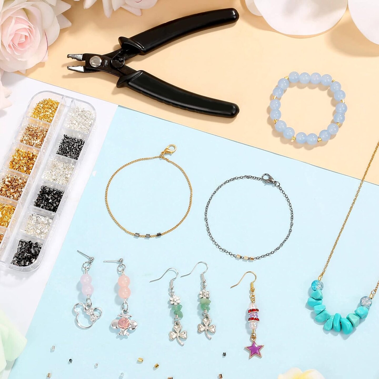 Crimping Beads for Jewelry Making, 2200 Pieces Crimp Tubes with Crimping Pliers for Earring Necklace Bracelet DIY Jewelry Making