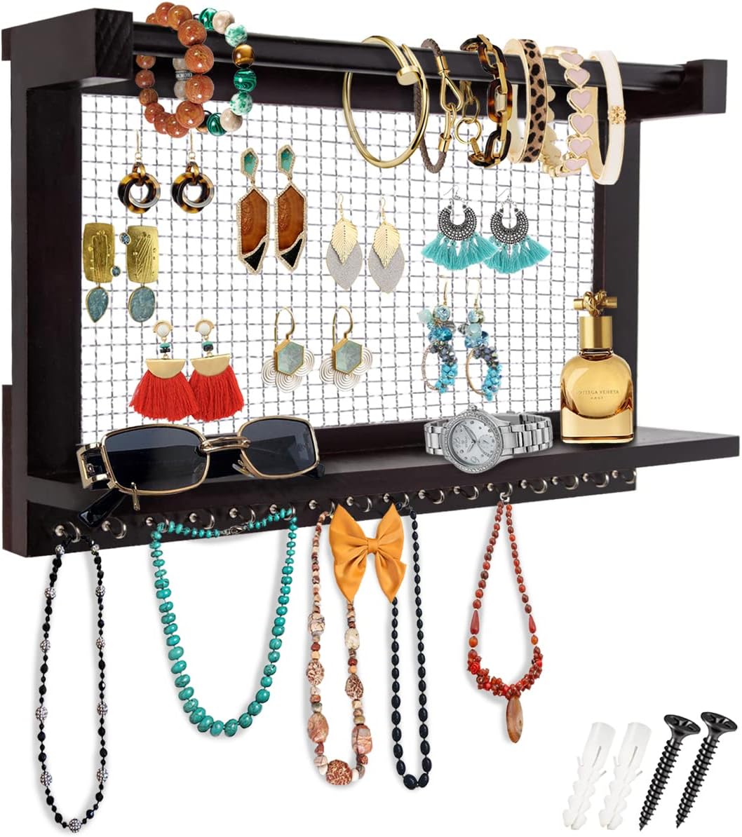 Rustic Jewelry Organizer &#x2013; Wall Mounted Jewelry Holder with Removable Bracelet Rod, Shelf and 16 Hooks &#x2013; Perfect Earrings, Necklaces and Bracelets Holder &#x2013; Vintage Jewelry Display &#x2013; Dark Brown