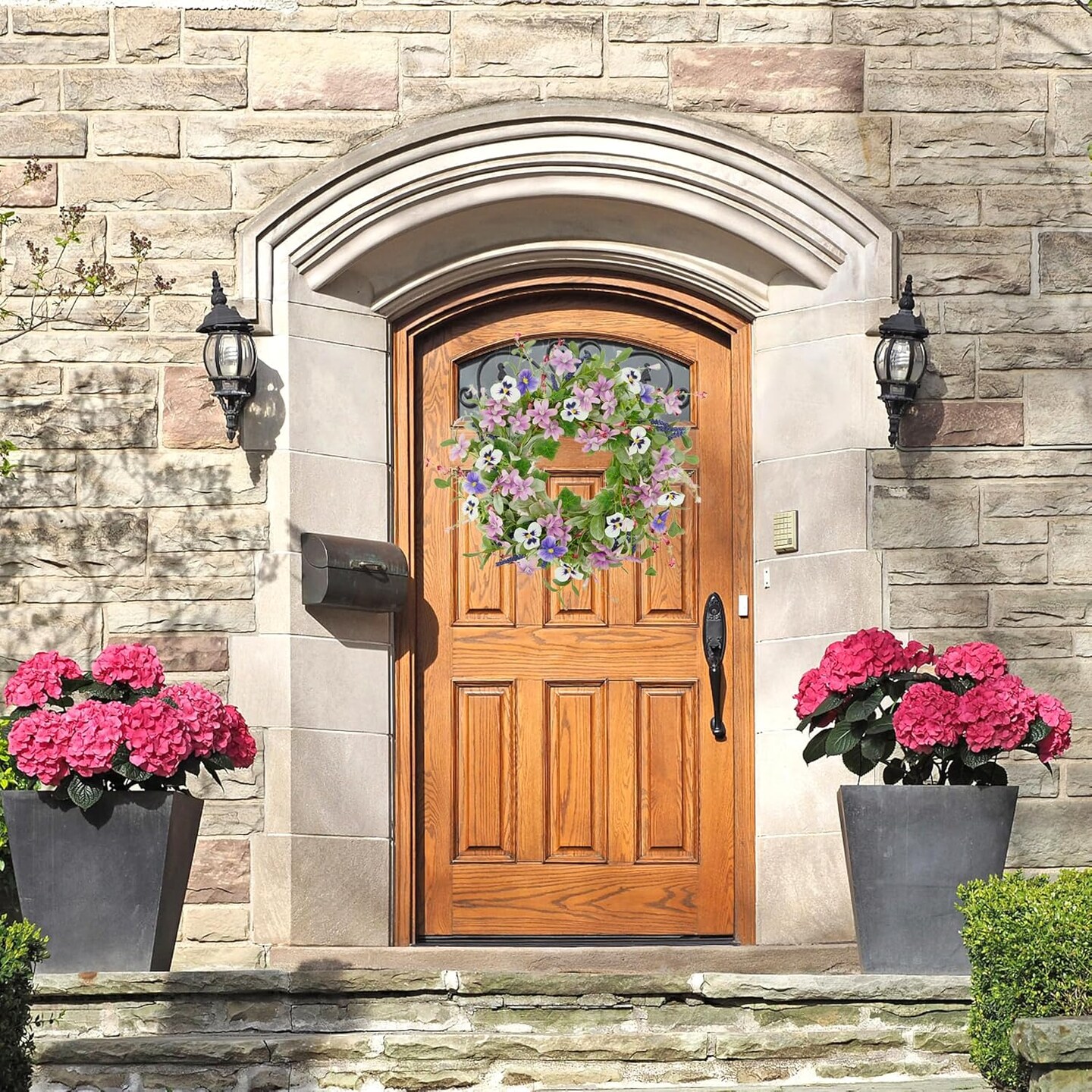Summer Wreaths for Front Door Summer Wreath with Pansy Flower,Lamb Ear Leaves,Ivy Leaf for Indoor Outdoor Farmhouse Porch Wall Holiday Window Decoration