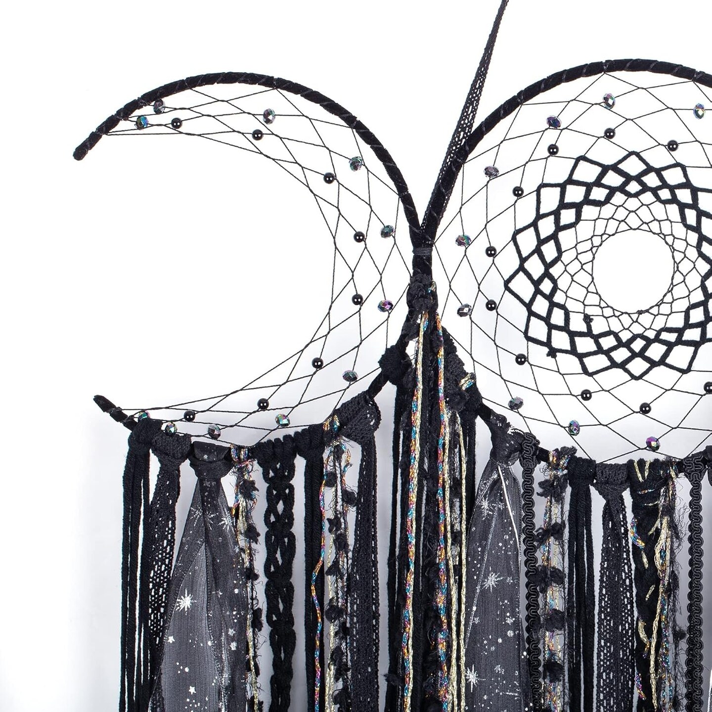 Black Triple Moon Goddess Macrame Wall Hanging, Wicca Crescent Dream Catcher for Witch Home, Dreamcatcher for Bedroom Decoration