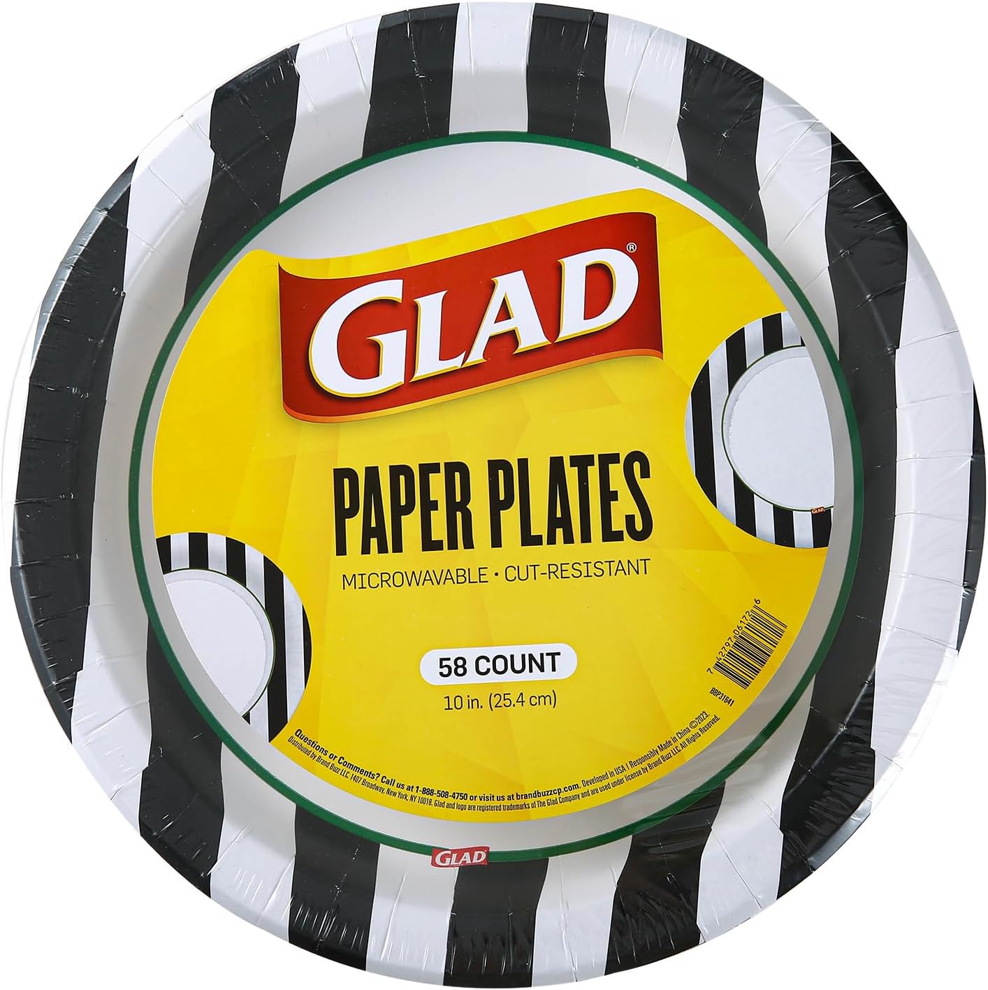 58-count of 10-inch round disposable paper plates with a referee football pattern. Strong, sturdy, soak-proof, and microwavable, perfect for dinner or everyday use.
