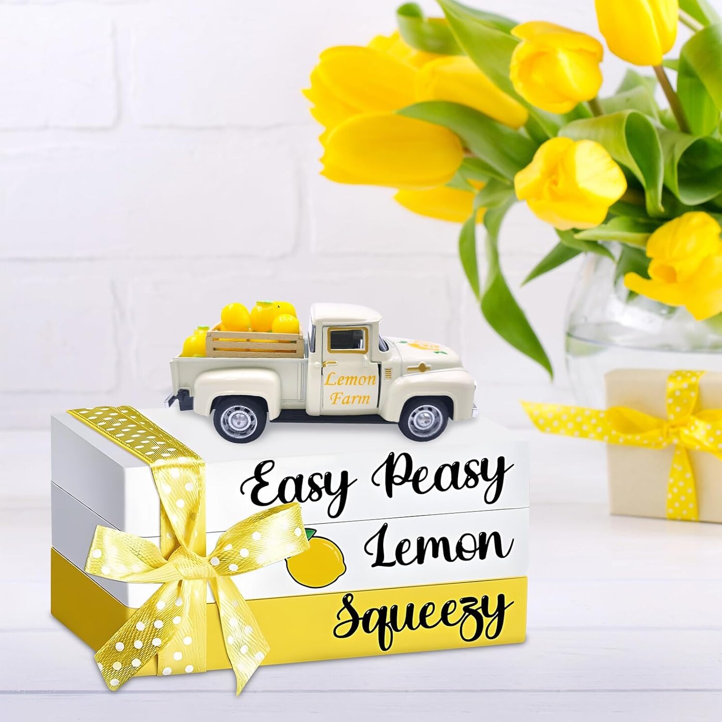 Lemon Decor Vintage Truck Decor with Mini Faux Lemons and Wooden Crate Summer Tabletop Decor Lemon Decorations for Home Desk Shelf Farmhouse Kitchen Centerpieces for Tables- Cream