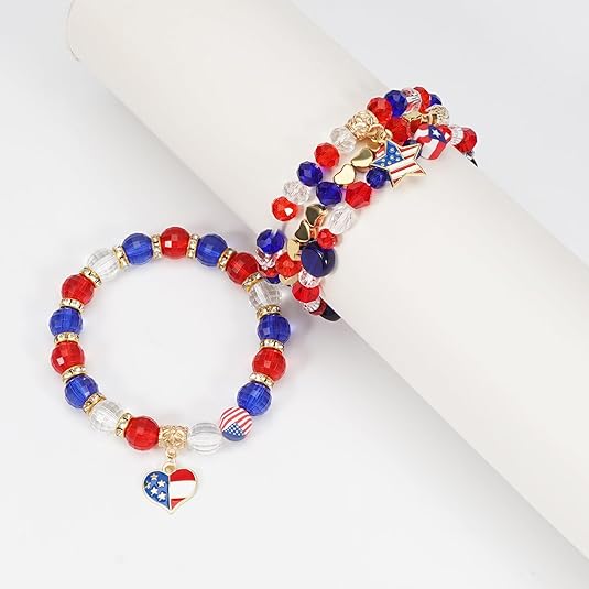 4th of July Beaded Bracelets with American Flag Stars Charms USA Jewelry