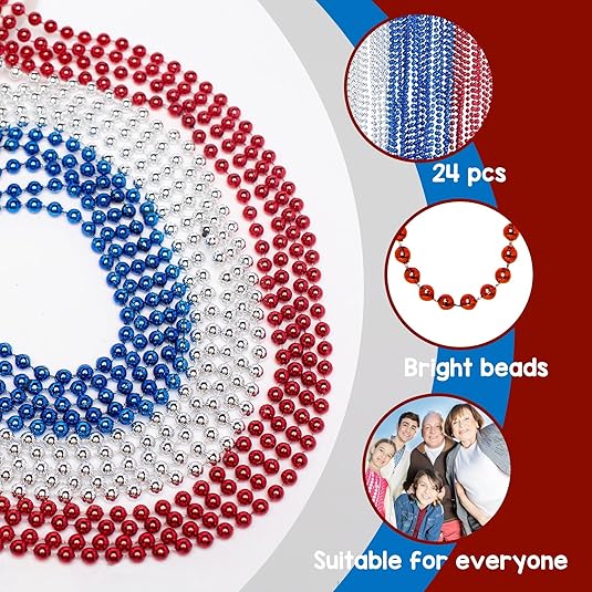 24 PCS Mardi Gras Beads Necklace, Pride LGBTQ Rainbow Patriotic Red Blue Silver Bead Necklaces