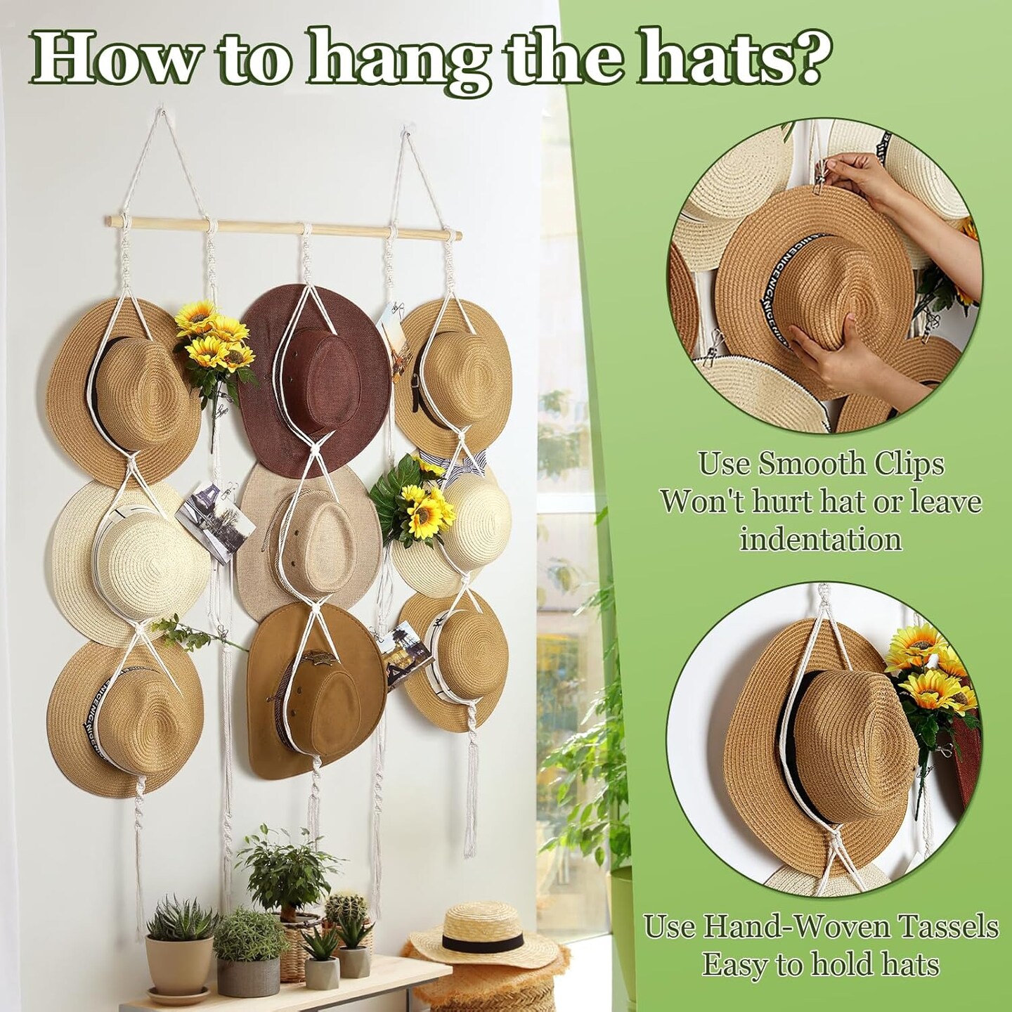 Macramé Hat Rack for Wall – 31" x 53" Boho Hat Organizer with 15 Clips, Hanging Holder for Women’s Wide-Brimmed Hats, Fedora Storage and Decorative Display