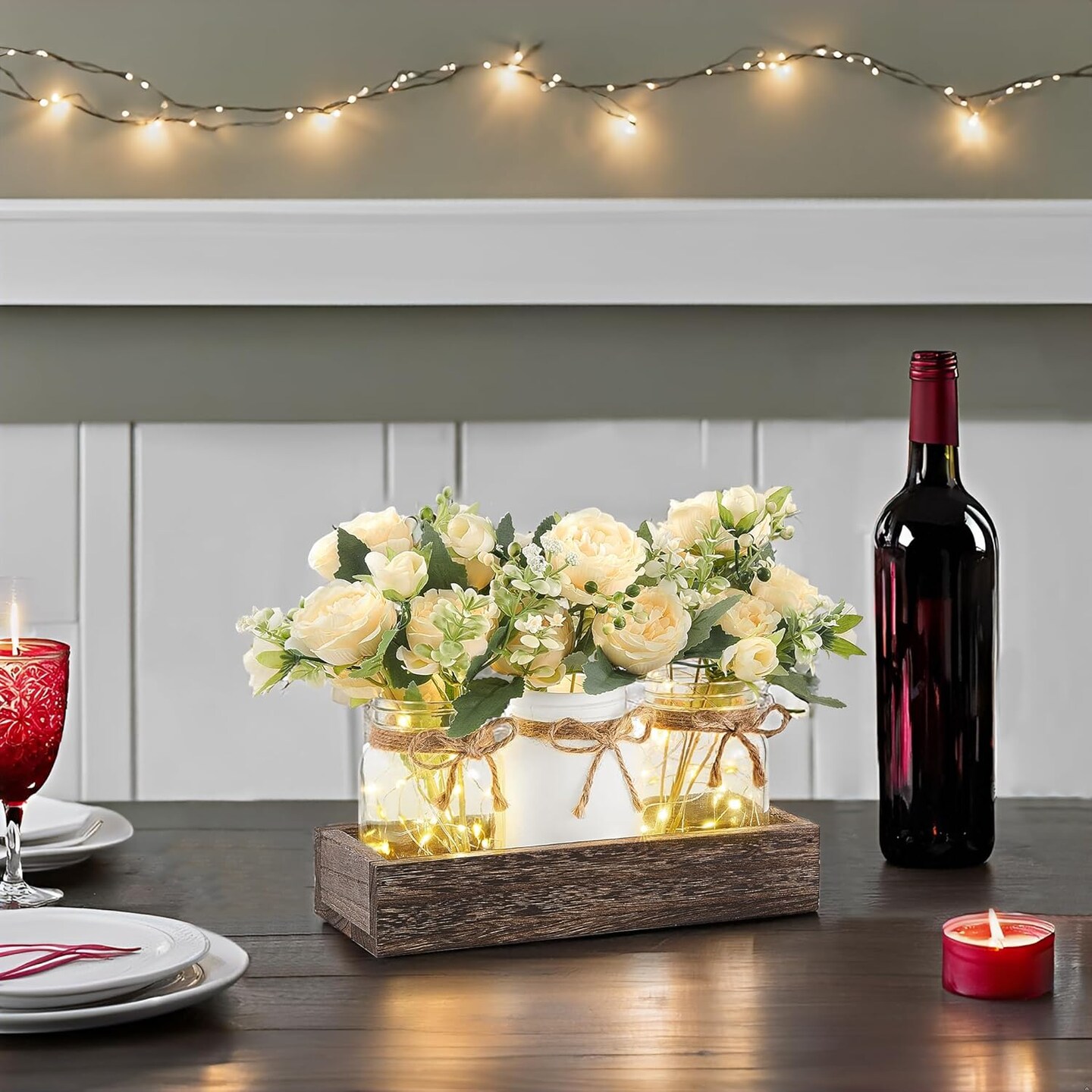 Mason Jar Lights Centerpiece Table Decor for Dining Room Farmhouse Wood Tray with 3 Jars Flowers Center Pieces Spring Summer Decor for Kitchen Living Room