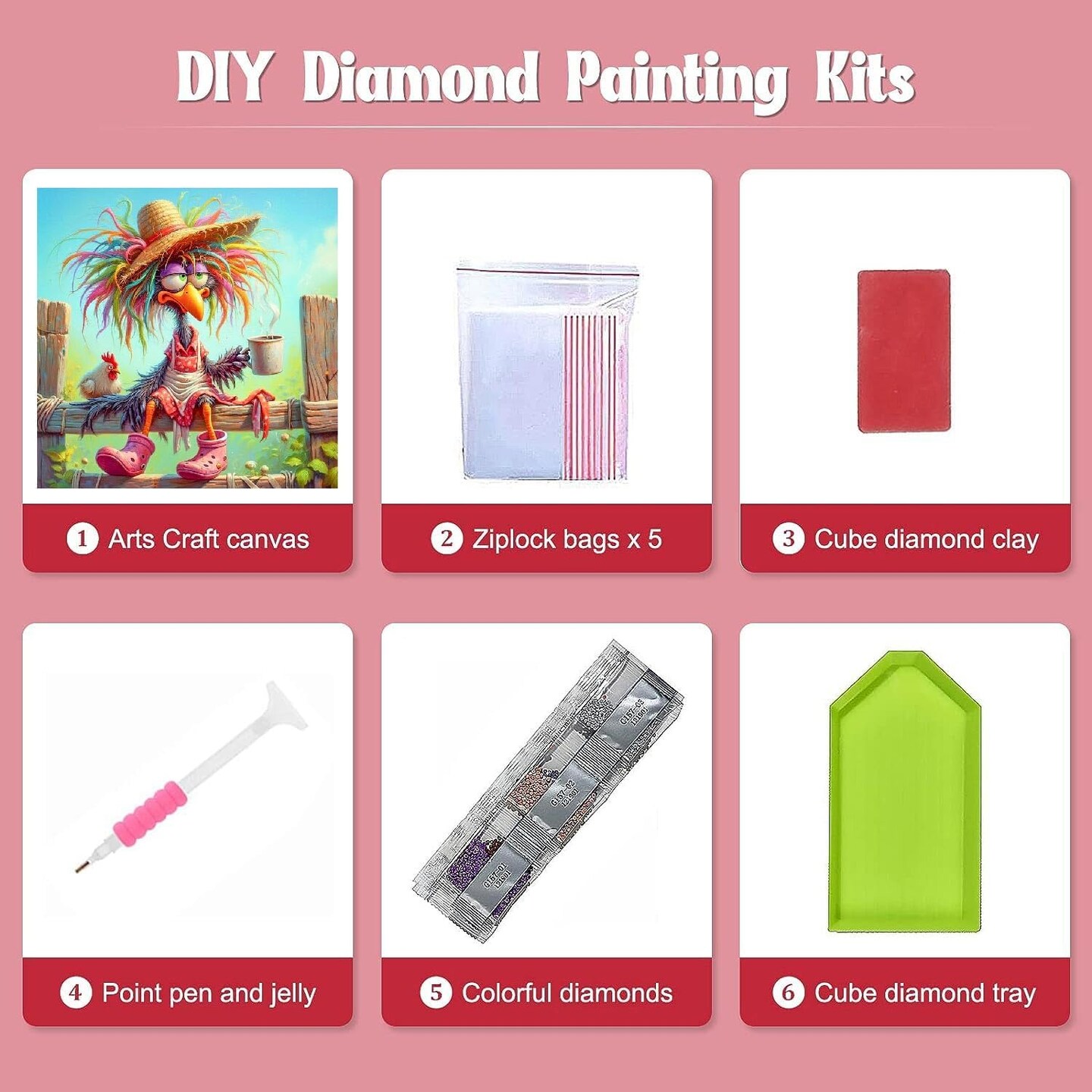 Chicken Diamond Painting Art Kits for Adults - Funny Animals 5D Diamond Painting for Adults, Full Drill Diamond Dot Gem Art Kit for Adults Wall Home Decor Arts Craft 14x14 inch