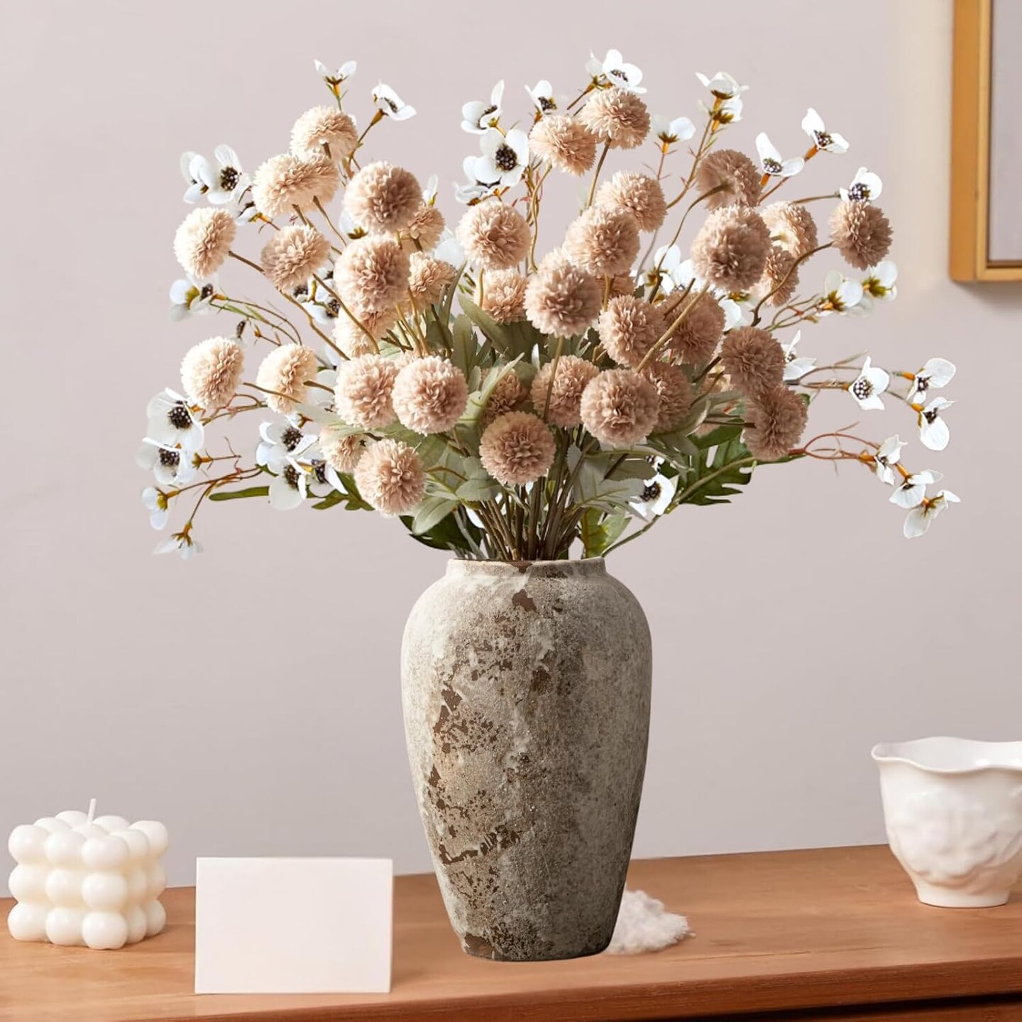 10 Pcs Faux Kiku Flowers – Mini Pom-Pom Chrysanthemums & White Mums, Fake Autumn Floral Arrangement for Wedding, Kitchen Table Centerpiece & Home Decor (Beige)