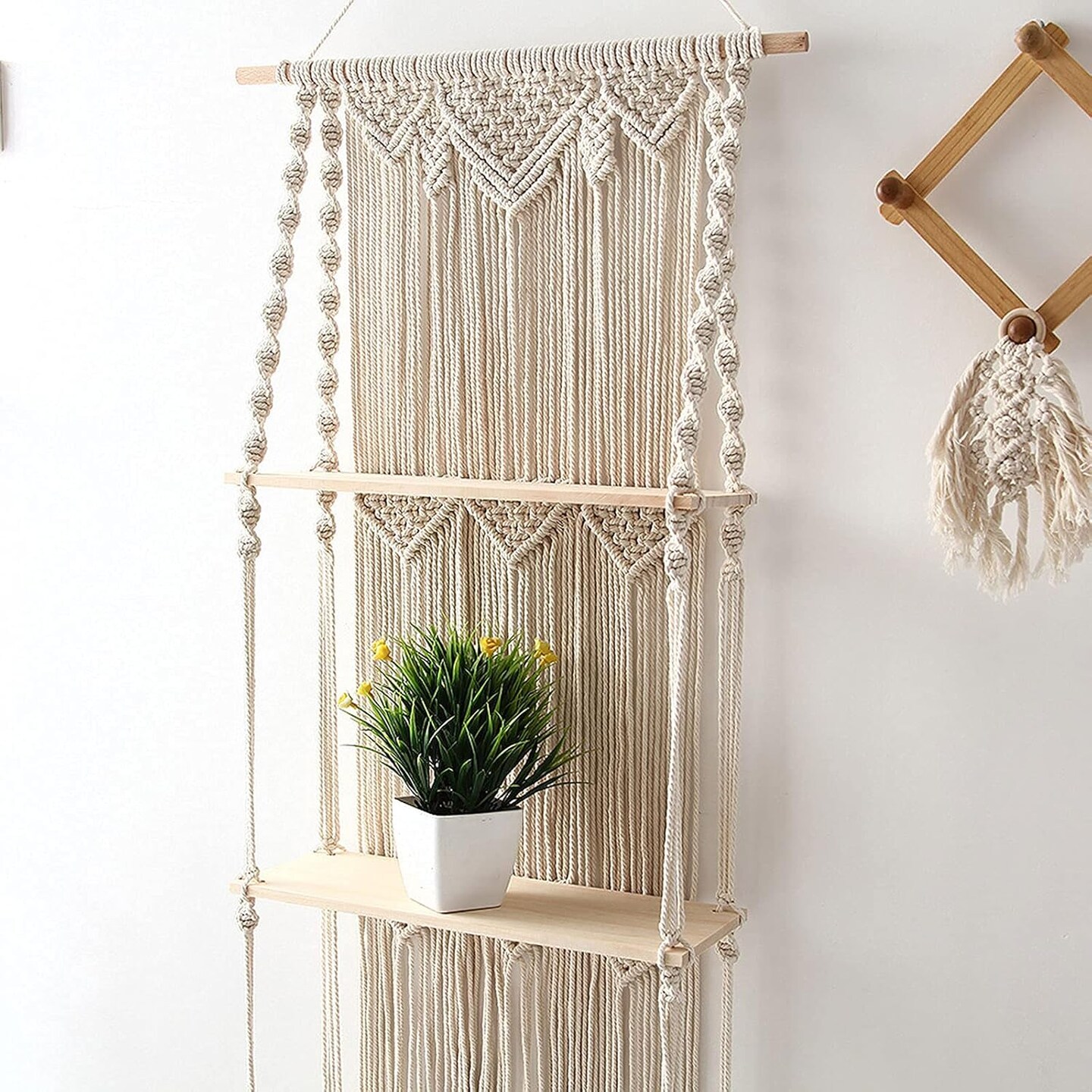 Macrame Wall Hanging Plant Shelf, 3-Tier Macrame Shelves Boho Bathroom Shelf, Handmade Boho Floating Shelves for Plants and Decor