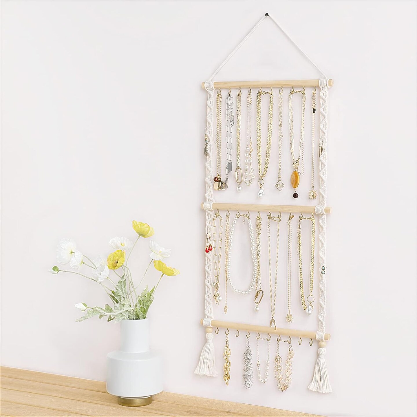 Macrame Necklace Holder with 30 Hooks Wall Mounted Jewelry Hanger Over Door Necklace Rack with Tassel