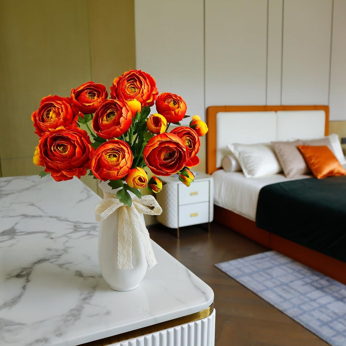 9 Pcs Ranunculus Artificial Flowers 17.3&#x22;, 27 Heads Faux Silk Ranunculus with Long Stems, Fake Flowers for Home Decor Indoor, Wedding Bouquets Centerpiece (Orange)