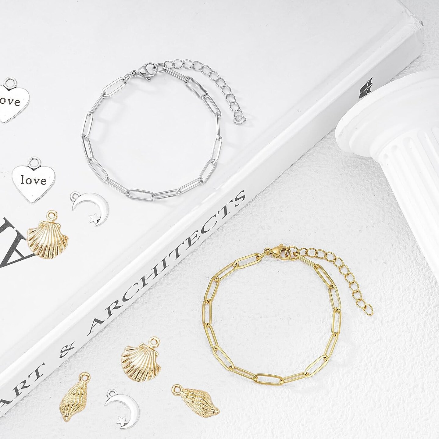 16 Pack Charm Bracelet Chain Bulk Gold Plated Stainless Steel Paperclip Chains Bracelets for DIY Jewelry Making