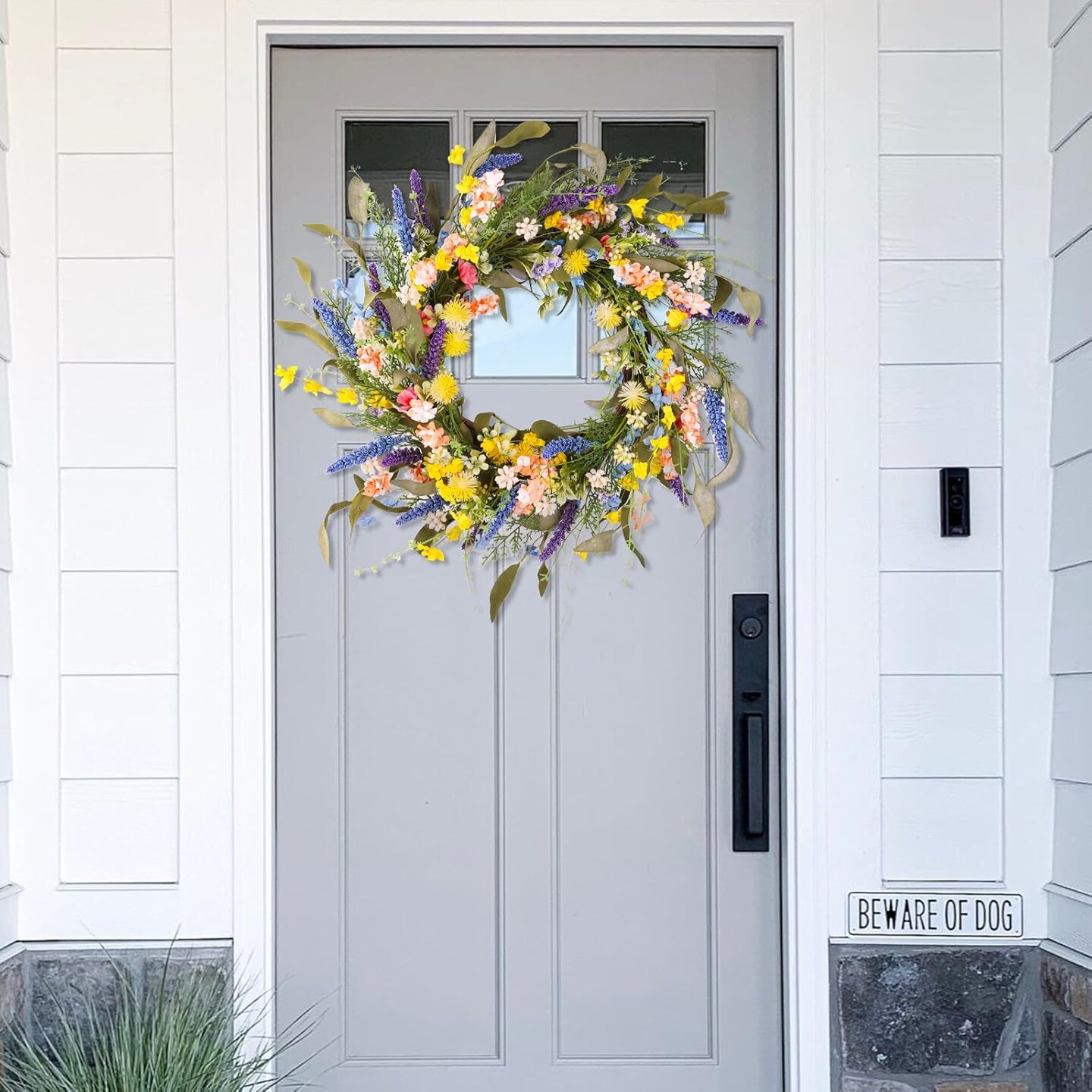 22&#x22; Colorful Wildflower Spring Summer Wreath with Green Leaves, Floral Artificial Wreath for Front Door Home Wall Wedding Farmhouse Holiday Outdoor Indoor D&#xE9;cor (Yellow)