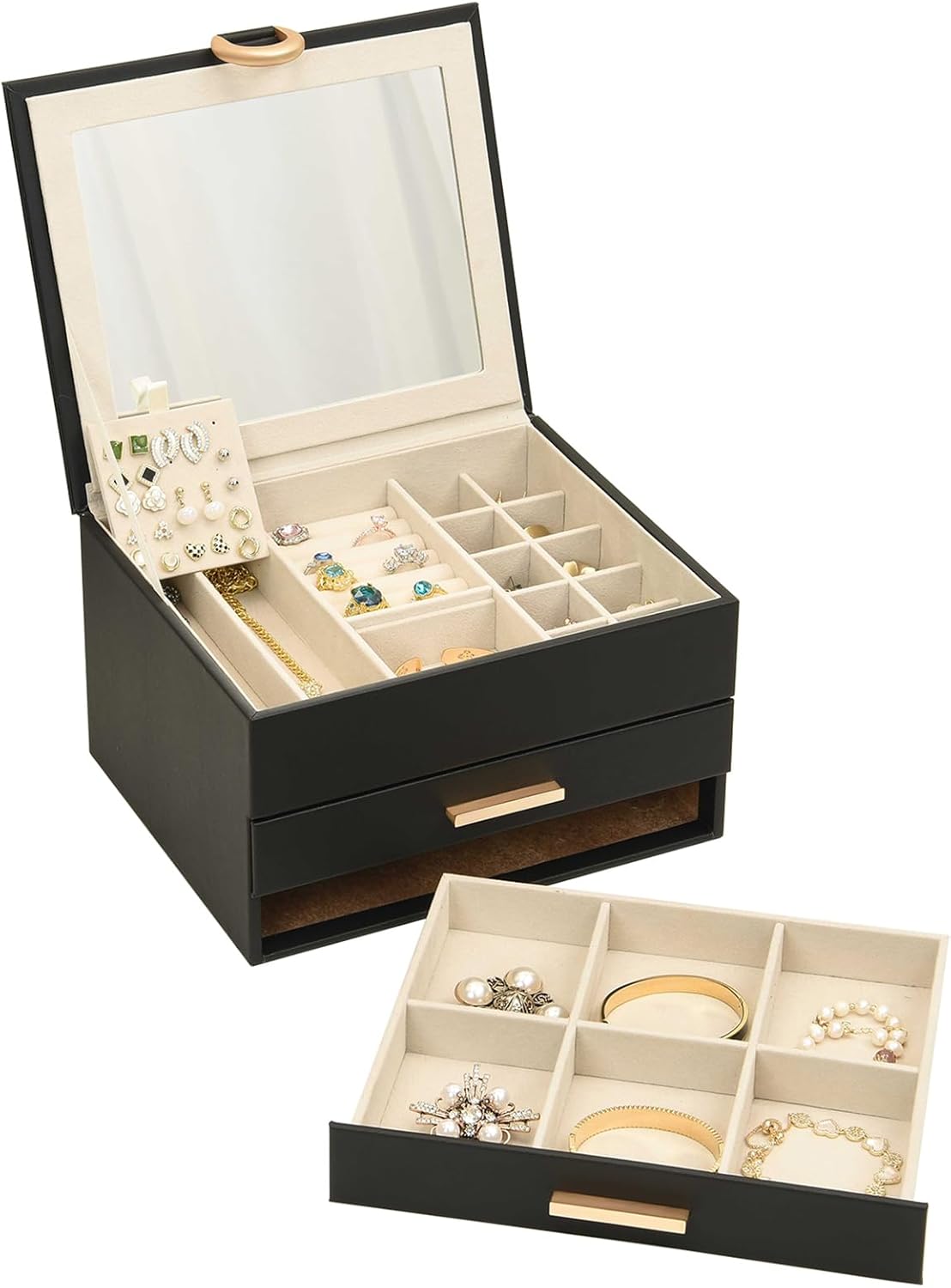 Jewelry Organizer Box with Mirror - 3 Layer 2 Drawers Storage for Earrings Rings Necklaces Bracelets Women&#x2019;s Jewelry Box Black