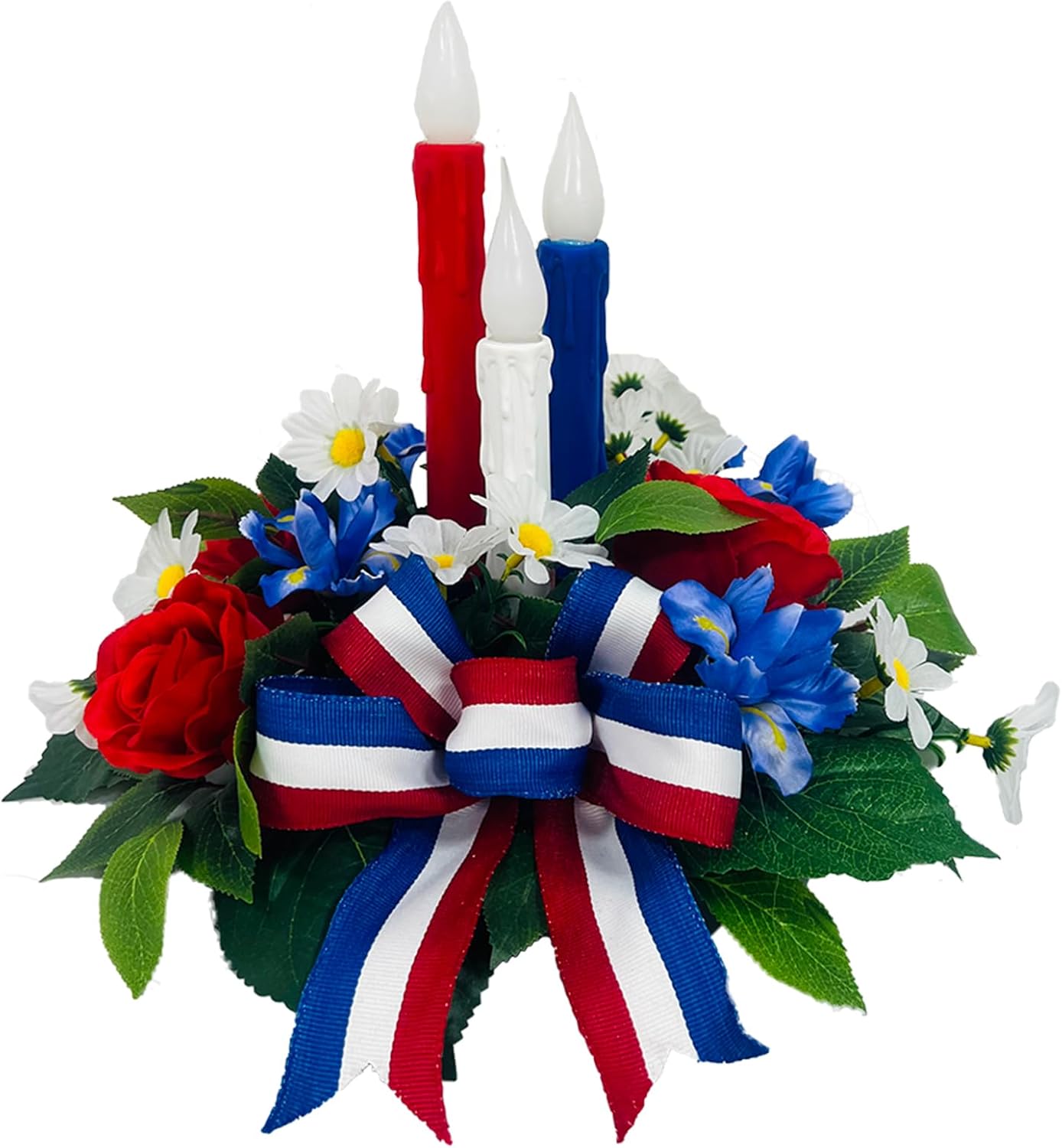4th of July Decorations,Patriotic Floral Arrangement Centerpiece for Table, Red White and Blue Fake Flowers Fourth of July Taper Flameless Candles for Independence Day Home Decor