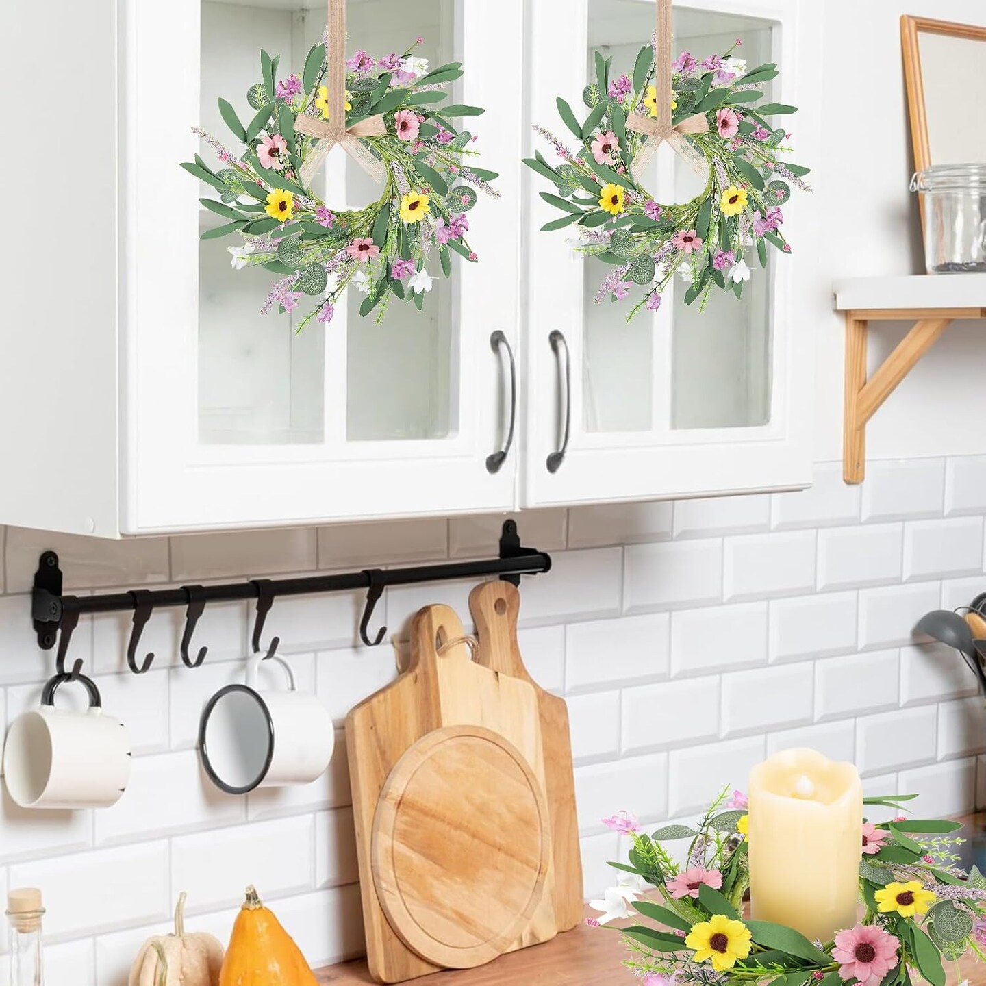 6Pcs Artificial Summer Small Wreaths Mini Floral Wedding Candle Rings Wreaths for Front Door Farmhouse Kitchen Cabinet Wreath