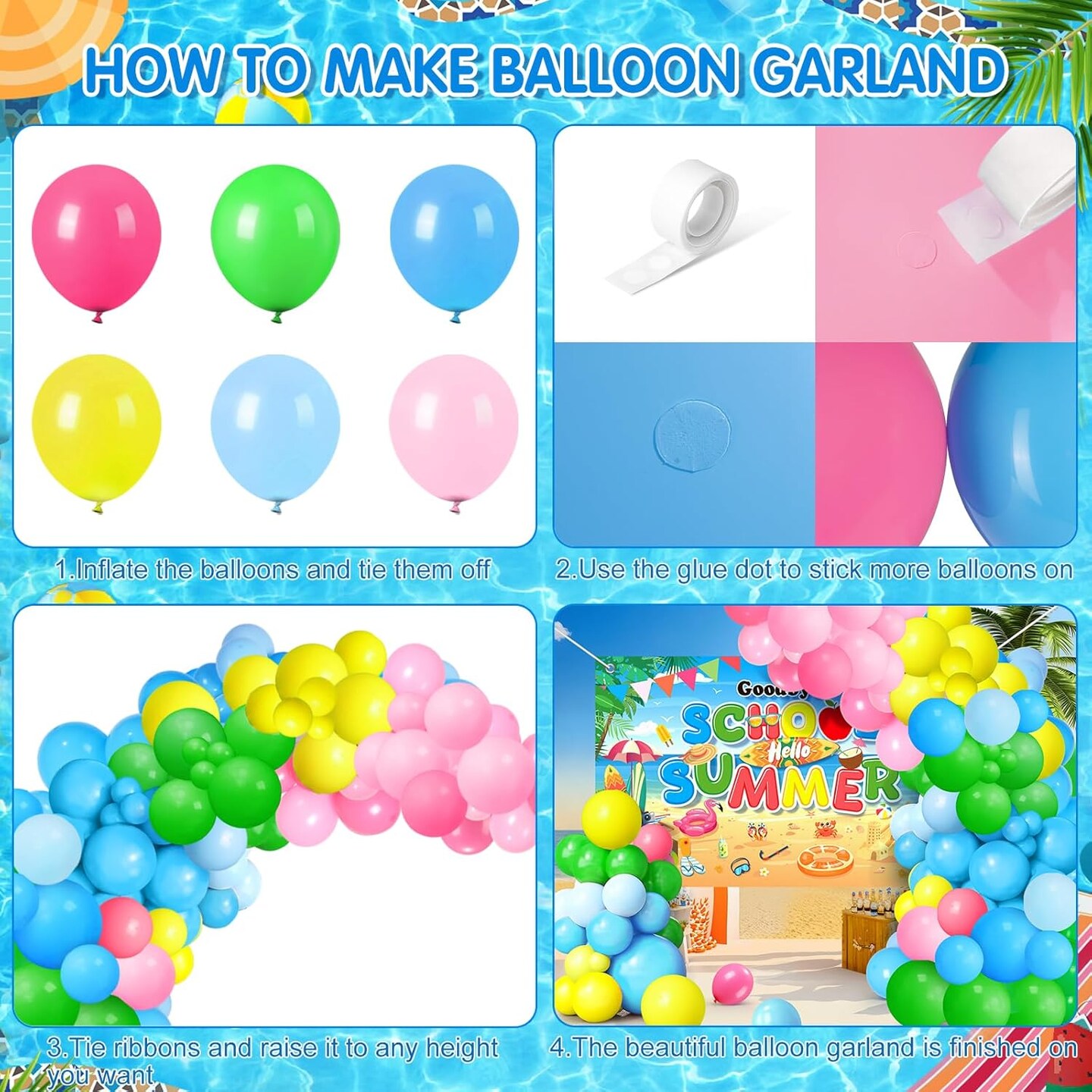 Summer Tropical Balloon Arch Garland Kit, 121Pcs Tropical Hawaiian Beach Pool Party Decorations with Backdrop, Pink Green Blue Yellow Latex Balloons for Hawaiian Luau Aloha Summer Birthday Supplies
