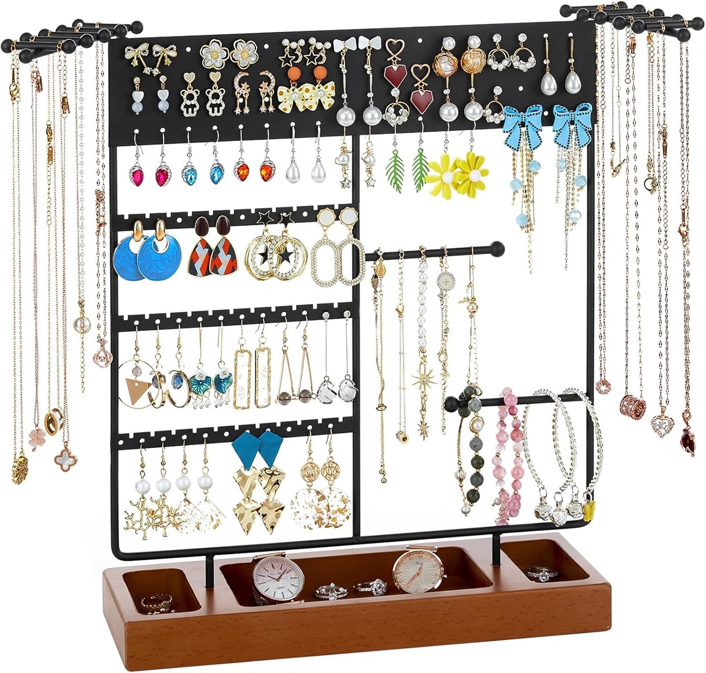 Earring Holder, Ear Stud Organizer with Wooden Tray,Earring Display Stand with 360&#xB0; Rotating Necklace Holder,Jewelry Organizer Stand for Earrings Bracelets Watches and Rings,Black