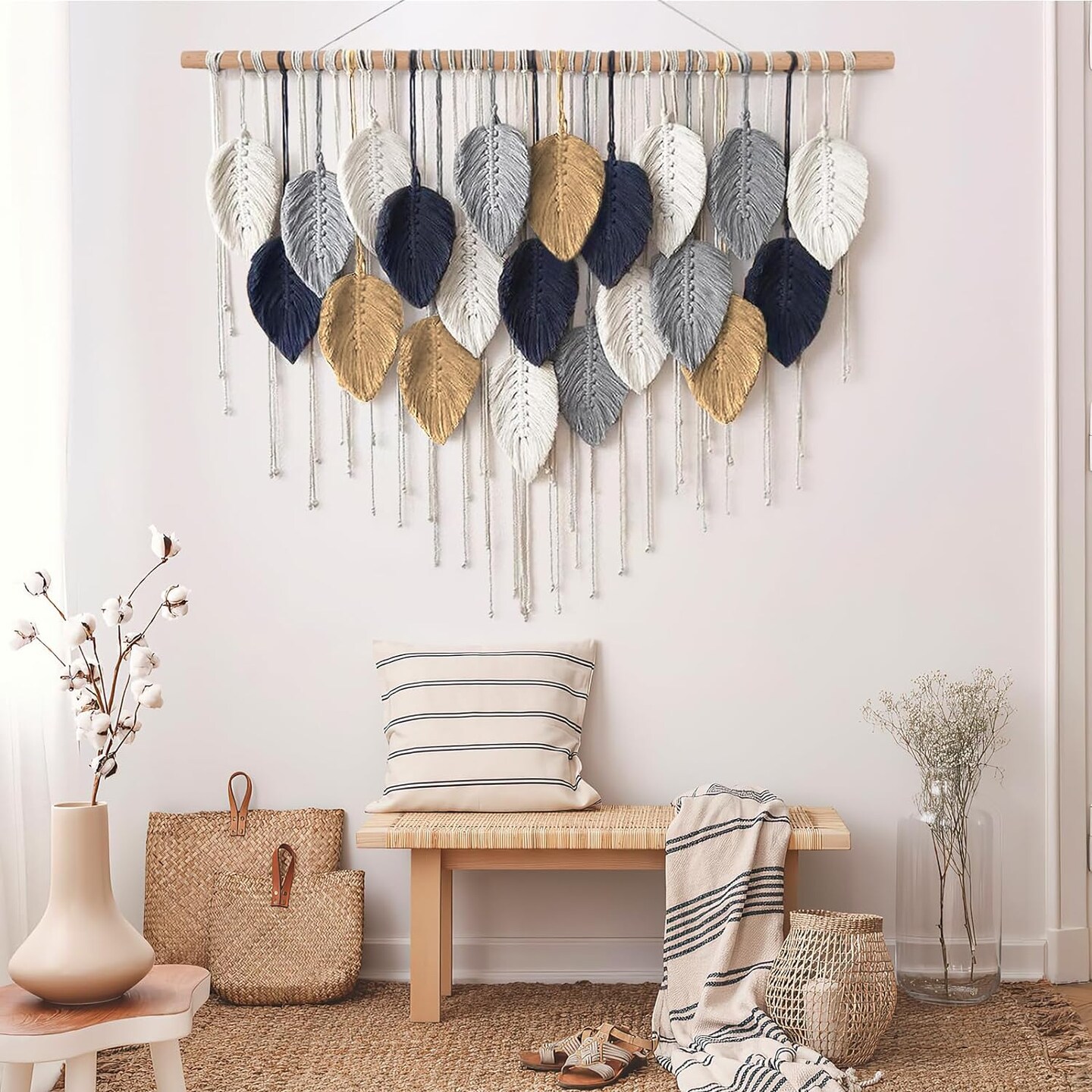 Large Macrame Wall Hanging, Boho Handmade Leaf Feather Bohemian Woven Tapestry, Chic Wall Art Home Decor for Bedroom Living Room Nursery Apartment Decorations(39&#x22; W x 29.5&#x22; L)