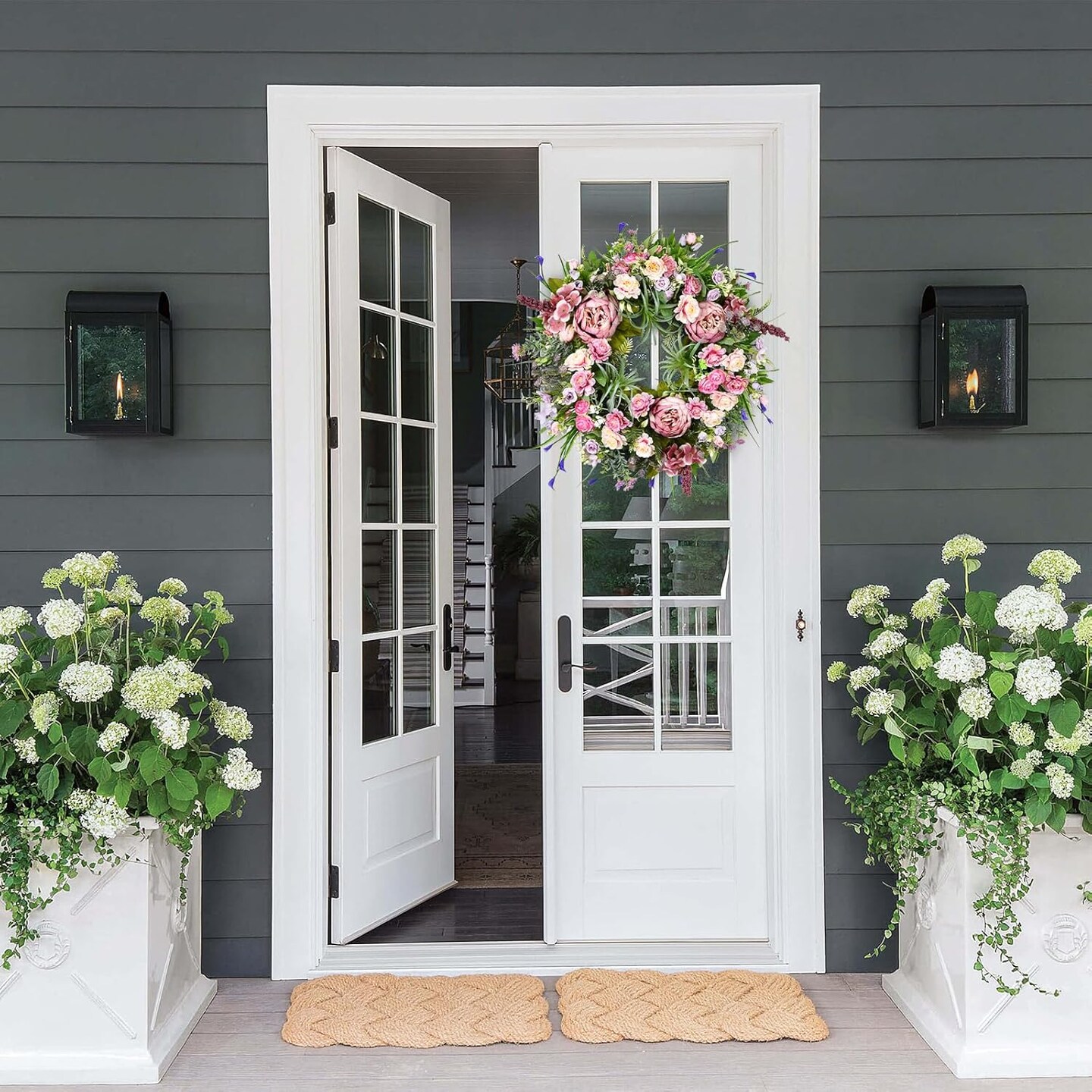 Peony Spring Summer Wreath for Front Door 20inch, TechKen Handmade Articial Blooming Peony Succulent Wreath