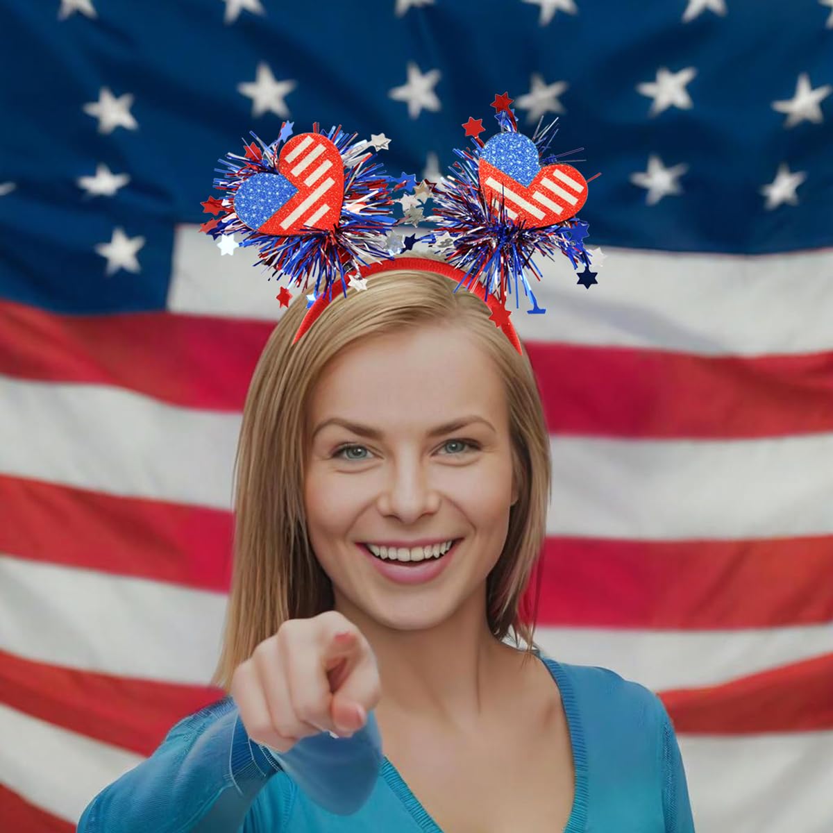 4th of July Headband for Women - Glitter Heart Patriotic Headband - Red White Blue American Flag Headbands for Patriotic Accessories - Red White and Blue Decorations Memorial Day Party Supplies