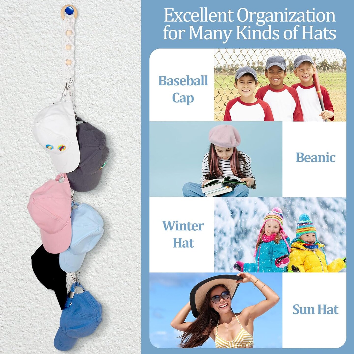 2 Pcs Boho Hat Rack for Baseball Caps, Holds up to 20 Hats, Macrame Color Hat Hangers Wall Mounted, Hanging Cap Holder over Door for Caps Decoration and Display