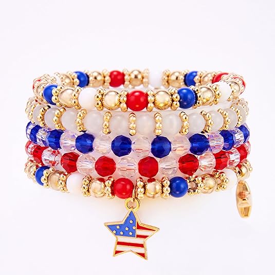 4th of July Bracelets for Women American Flag Patriotic Bracelet Set Red White Blue Independence Day Beaded Bracelets Boho Stretch Beads Bracelets USA Heishi Surfer Charm Bracelet Summer Beach Bracelets Jewelry