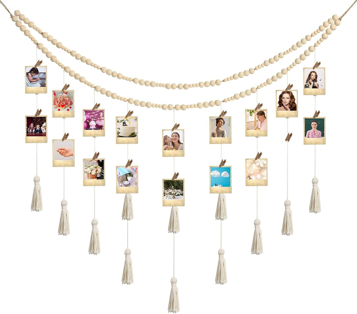 Boho Macramé Hanging Photo Display with 24 Wooden Clips, Double-Layer Collage Frame with Beads for Christmas or Everyday Room Décor (Simple Style)