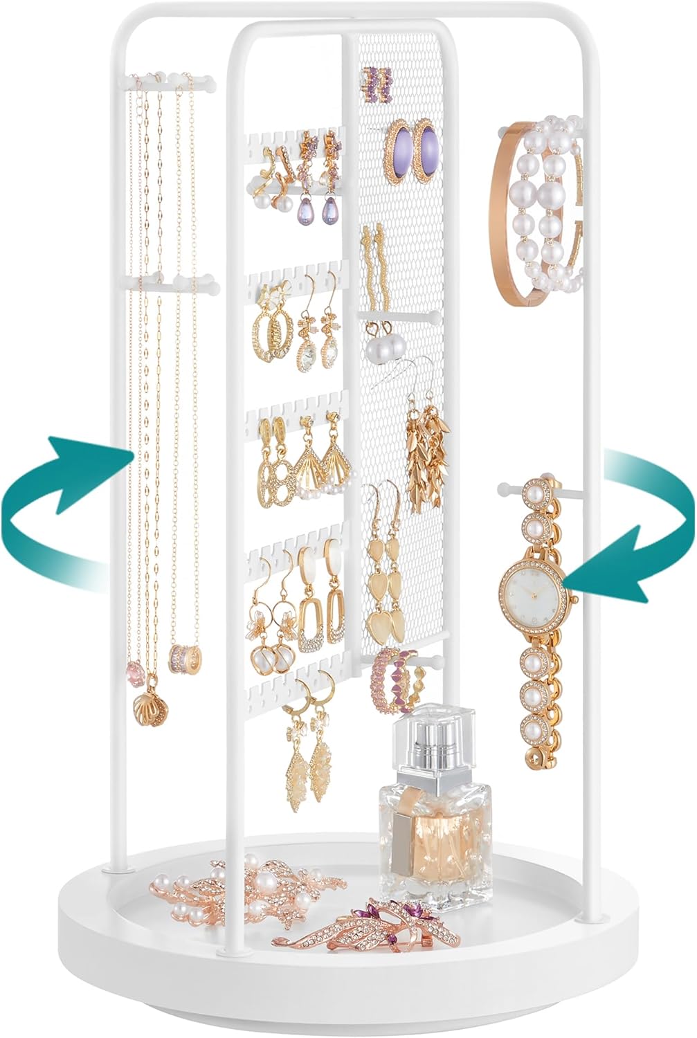 SONGMICS Jewelry Stand, Rotating Jewelry Display, 4 Independent Sections, Metal Frame, with Bottom Tray, Jewelry Organizer for Necklaces, Bracelets, Earrings, Rings, Gift Idea, White UJJS023W01