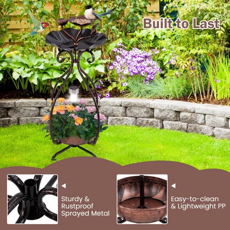 Solar Outdoor Bird Bath &#x26; Feeder Combo with Flower Planter