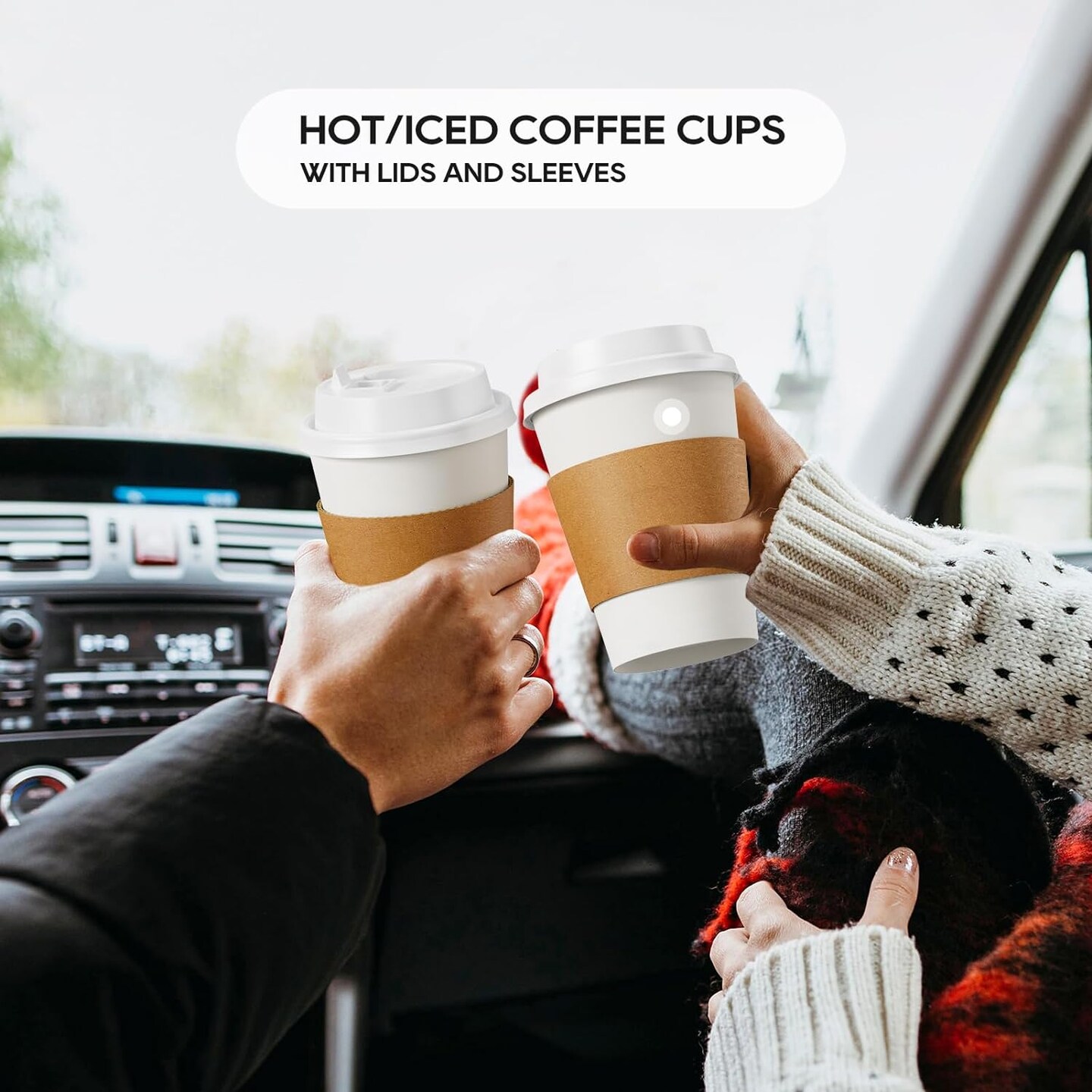 12 oz Disposable Paper Coffee Cup with Lids, Sleeves, and Stirrers, Hot/Cold Beverage Drinking Cup for Water, Juice, Coffee or Tea, Suitable for Home, Shops and Cafes, [100 Pack]