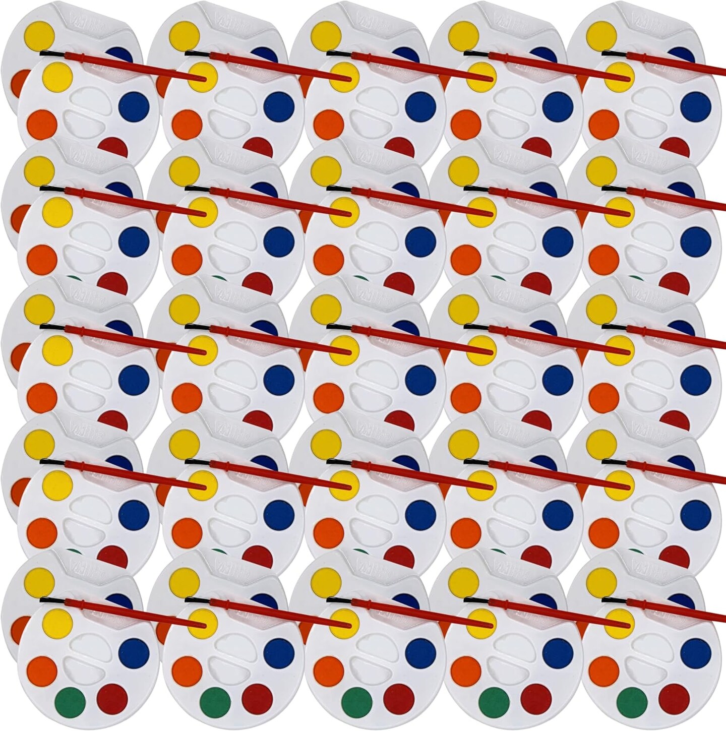 Bulk Watercolors Round Paint Pack with Brushes - 50 Sets with 5 Washable Colors Each - Great for Kids, Classrooms, Parties, Students, Donations, Party Favors, All Ages