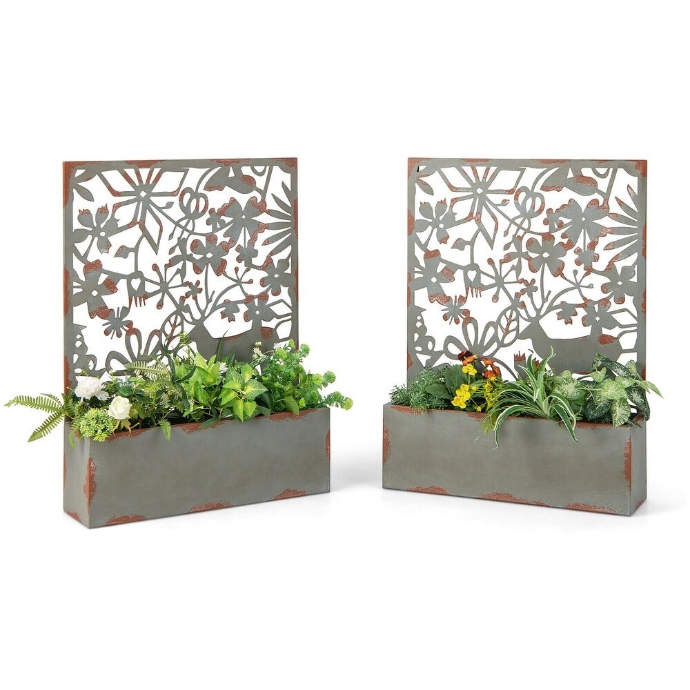 2Pcs Rust Metal Privacy Screen Planter with Trellis & Hanging Hook