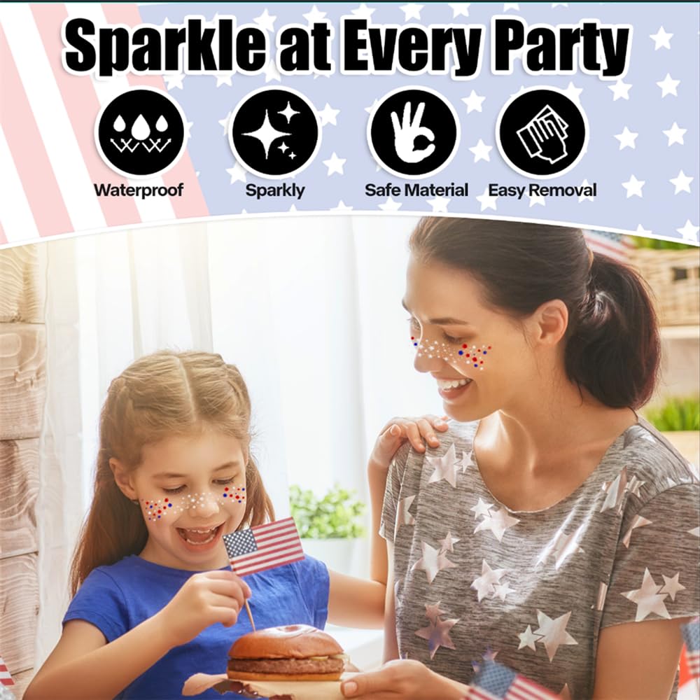 6PCS Red White and Blue Face Glitter Freckles,4th of July Accessories,Temporary Tattoos Face Stickers,Fourth of July Outfits Women Kids,USA Flag Pride Glitter Stickers Face Tattoo