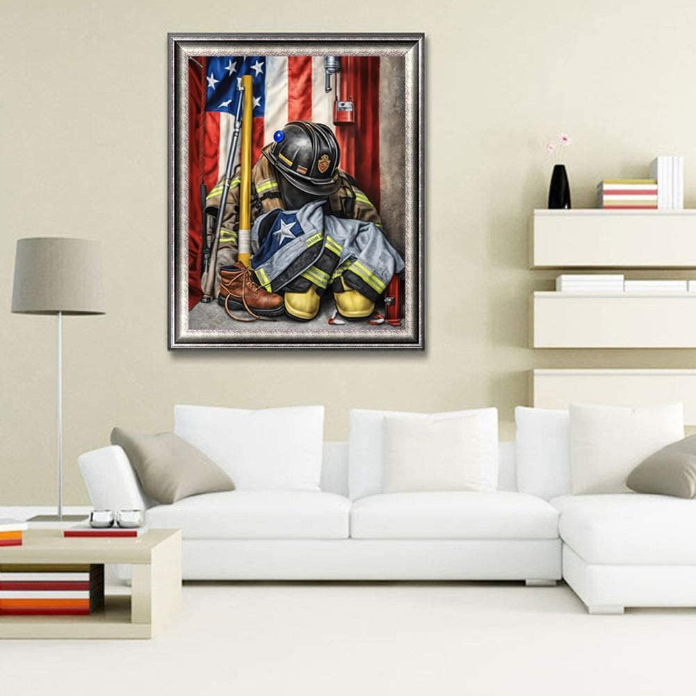 DIY Diamond Painting Kits for Adults Beginner, American Flag Firefighter&#x27;s Gear Full Drill Embroidery Cross Stitch Crystal Rhinestone Paintings Pictures Arts Wall Decor 30x40cm/12x16inch