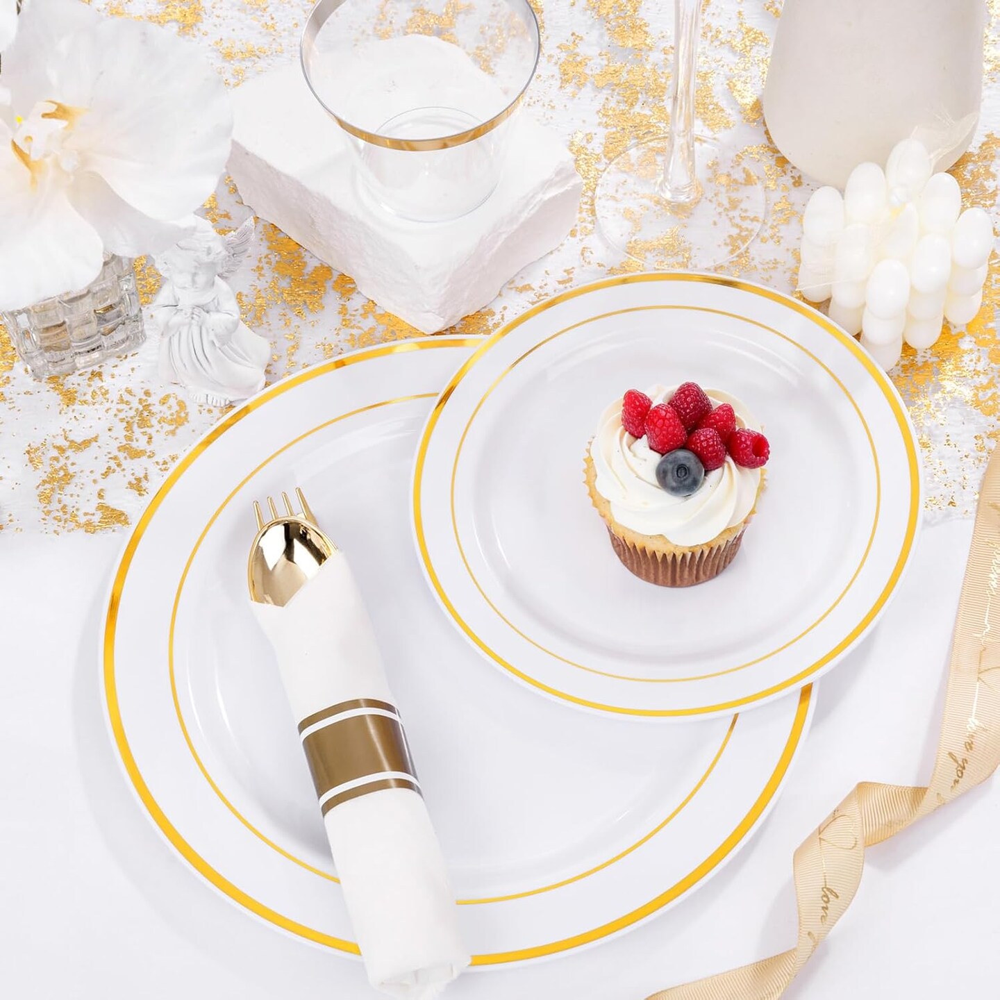350-Piece Gold Disposable Plates and Cutlery Set - Premium 10.25&#x22; Dinner Plates, 7.5&#x22; Dessert Plates, 9oz Cups &#x26; Cutlery for Weddings, Catering Events - 50 Guest Service - Elegant &#x26; Sturdy