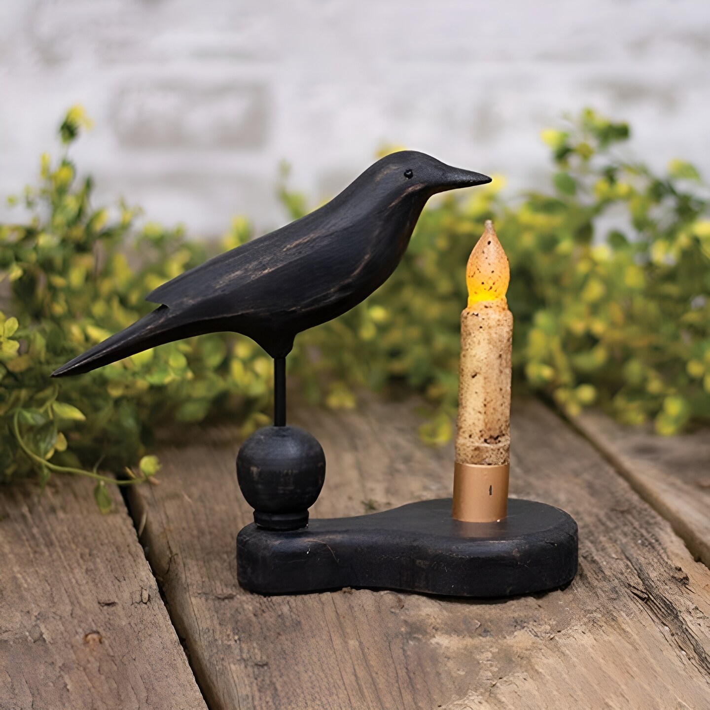 Black Wooden Crow Pedestal and Taper Candle Holder