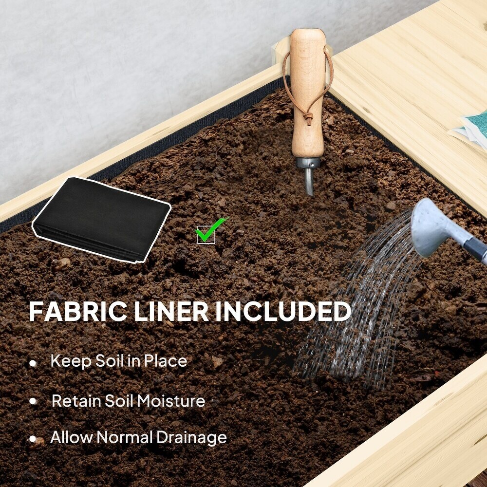 Wood Raised Garden Bed with Lockable Wheels, Side Tables, Bottom Shelf &#x26; Liner