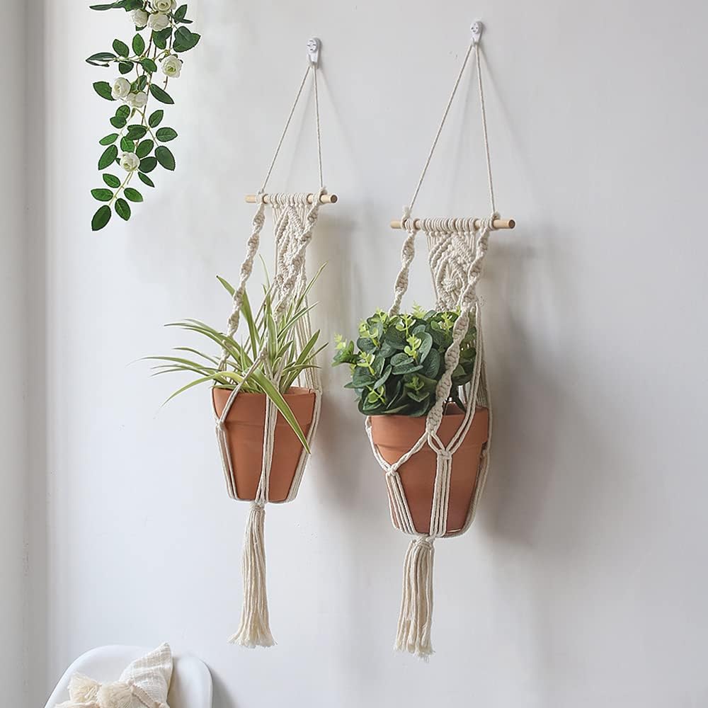 Boho Macrame Plant Hangers – Handmade Hemp Rope Hanging Baskets with Ceiling Hooks, Bohemian Wall Art and Home Decor