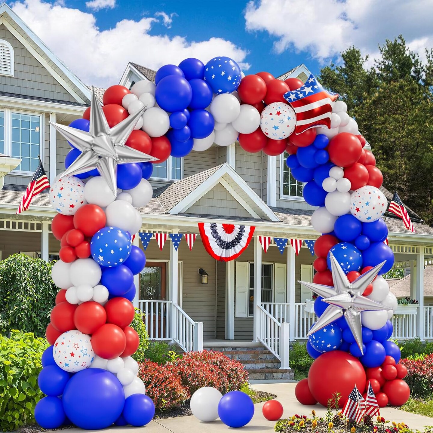 154pcs Red White and Blue Balloons Garland Arch Kit with Silver Exploding Star Foil Balloons for 4th of July Graduation Birthday Patriotic Nautical Baseball Theme Anniversary Party Decoration